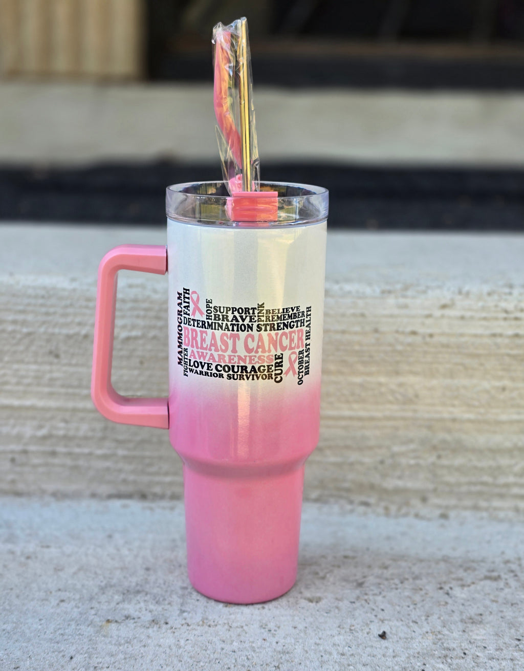 Breast Cancer Awareness 40oz Pink Ombre Holographic Traveler Tumbler