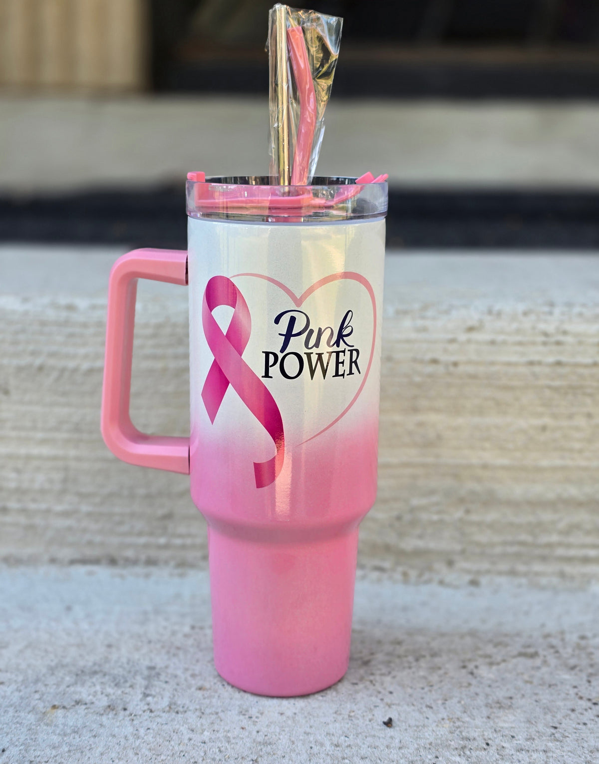 Breast Cancer Awareness 40oz Pink Ombre Holographic Traveler Tumbler