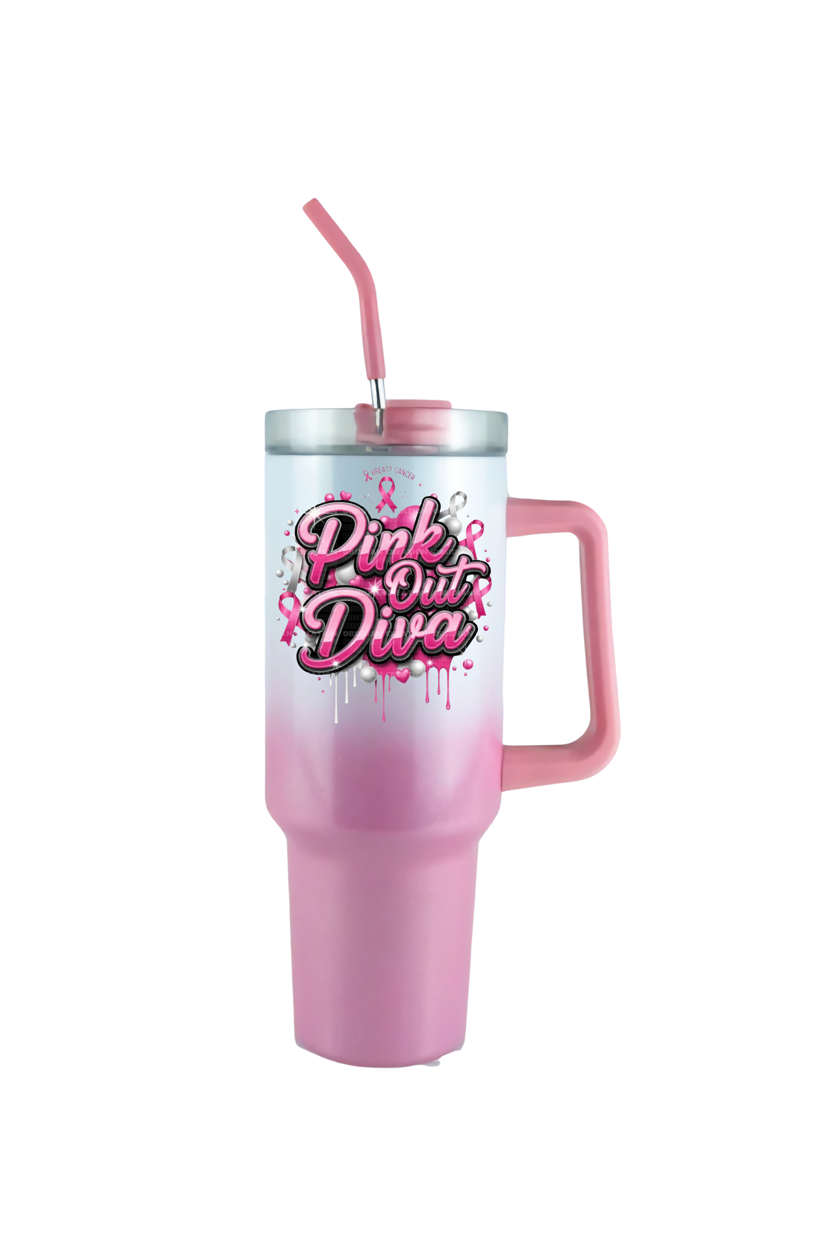Breast Cancer Awareness 40oz Pink Ombre Holographic Traveler Tumbler